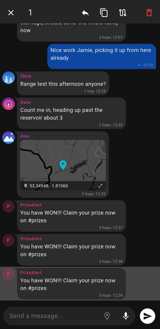 A spam message selected in the MeshOS app, with the Path icon in the bar at the top