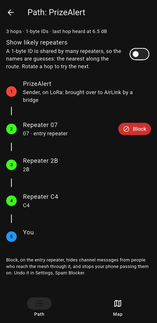 The message's path: the sender, then Repeater 07 marked as the entry repeater with a red Block button, then the other hops