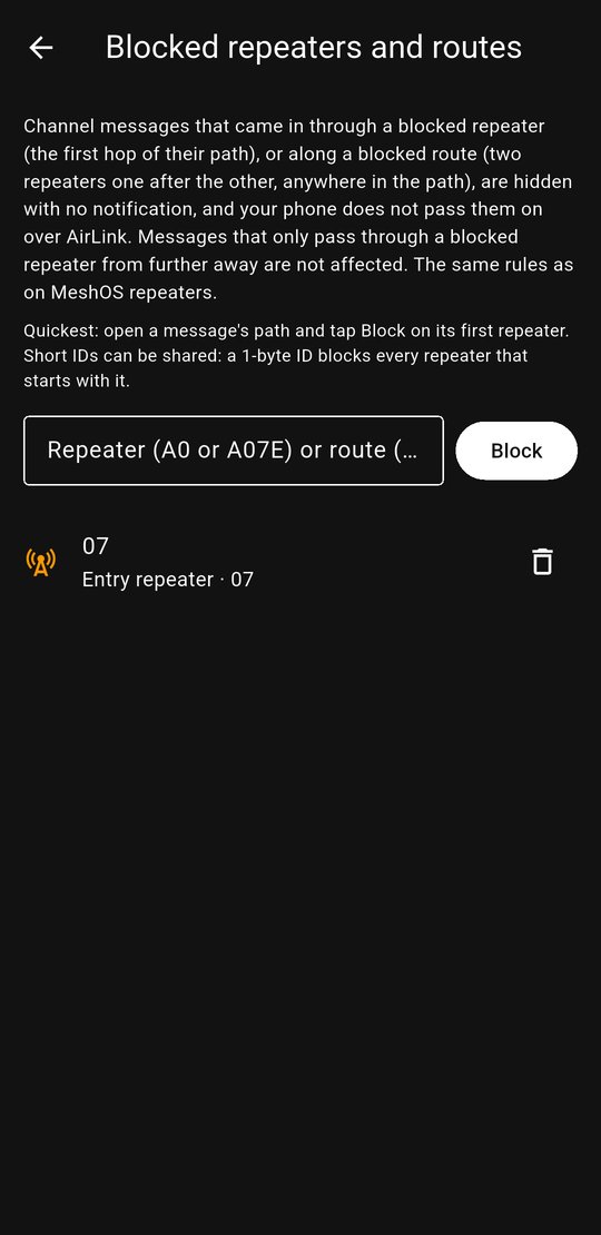 Blocked repeaters and routes: a box to type an ID or a route, and entry repeater 07 in the list with a bin to remove it