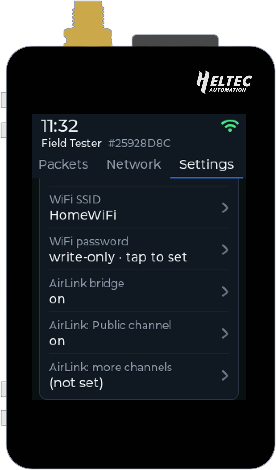 The Network section of Settings: AirLink bridge on, AirLink Public channel on, and AirLink more channels for hashtag channels