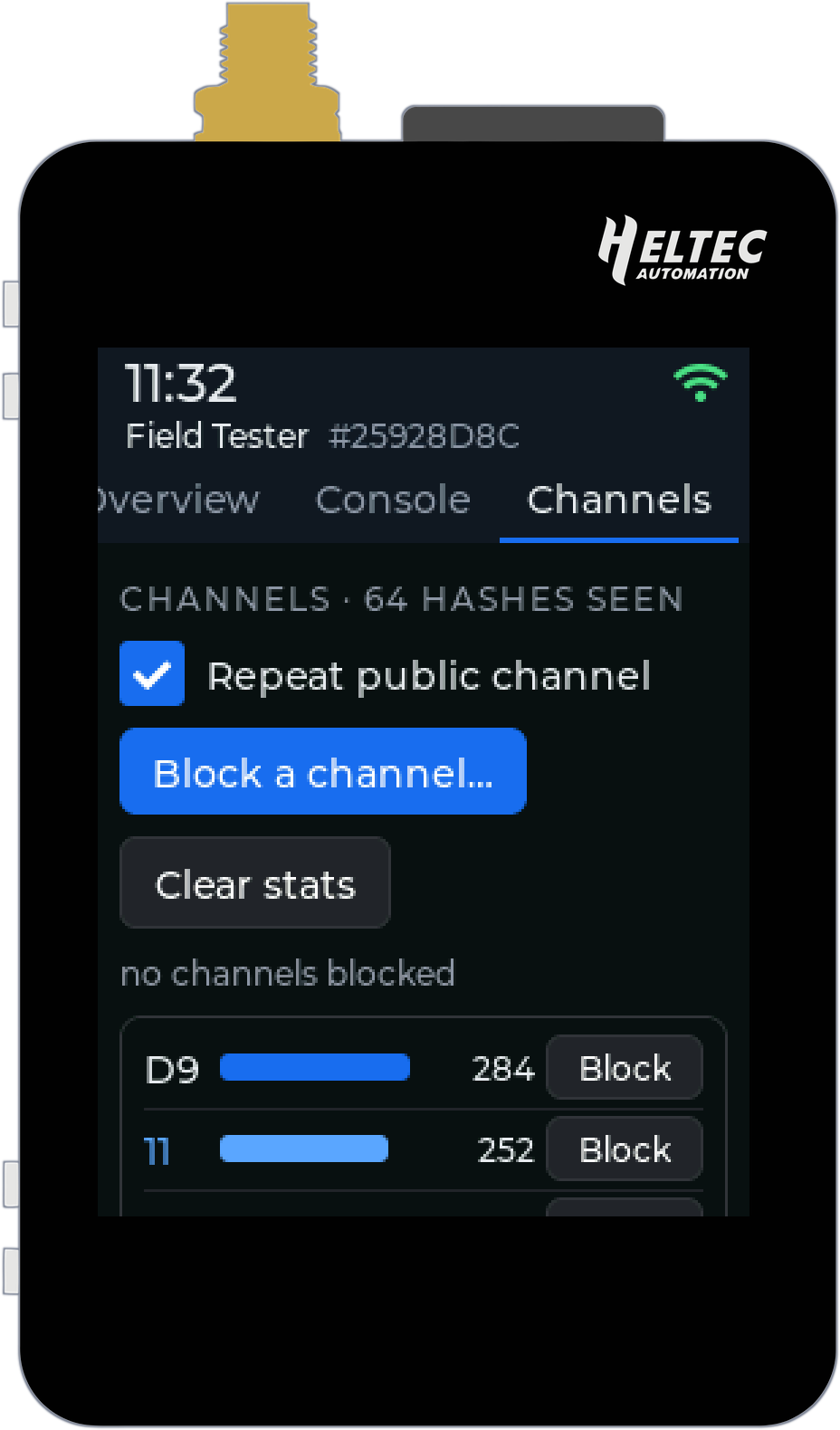 The Channels tab: 64 channel hashes seen, a switch to repeat the public channel, and a bar for each channel hash with a Block button