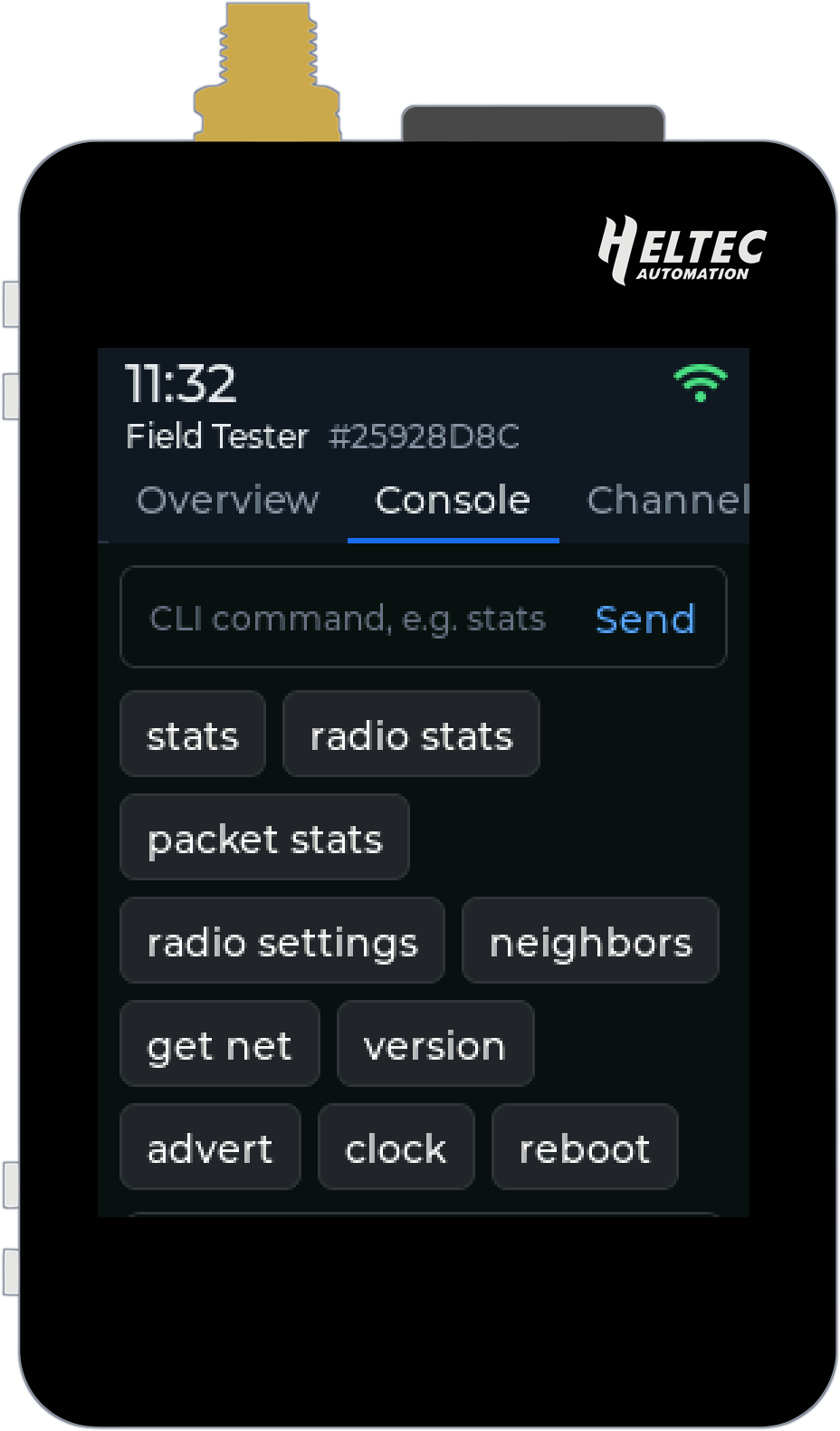 The Console tab: a command box with buttons for stats, radio stats, packet stats, radio settings, neighbors, get net, version, advert, clock and reboot
