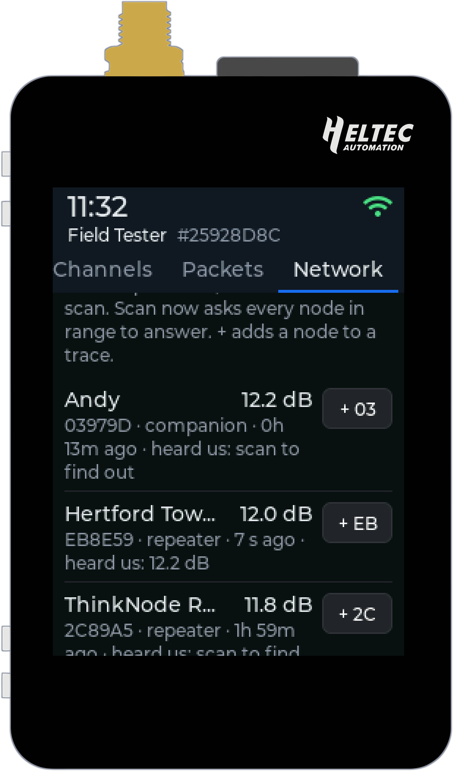 The neighbours list: each node's name, ID, type, when it was last heard, the signal it arrives at and the signal it hears the kit at, with a plus button to add it to a trace