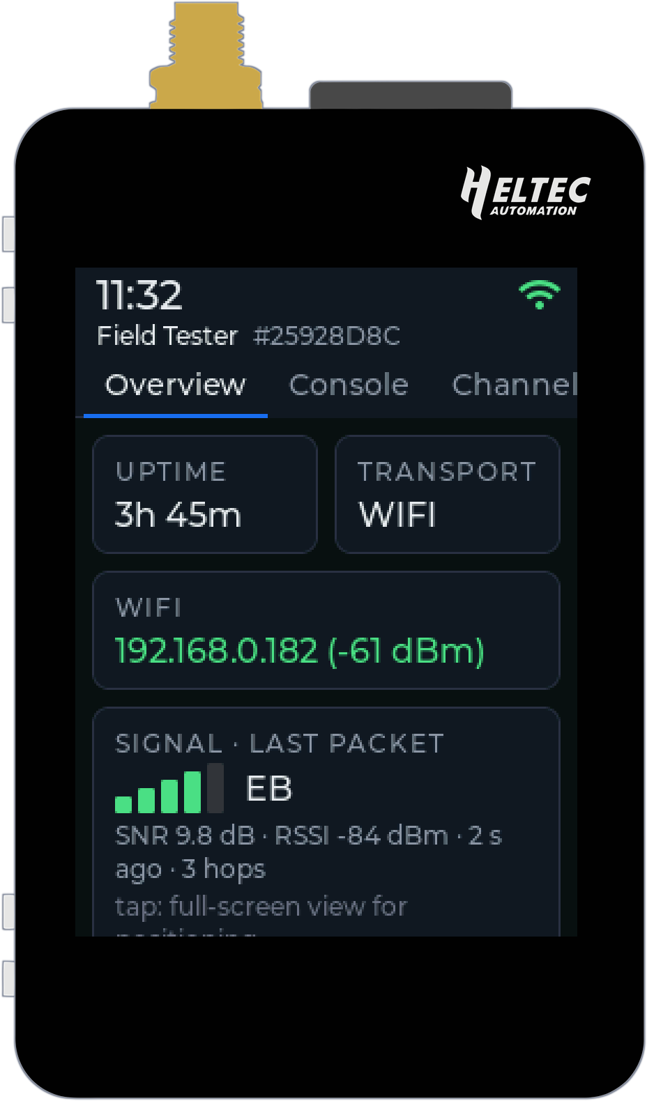 The Overview screen: the clock, the kit's name, uptime, transport, WiFi address and signal, and the signal of the last packet heard