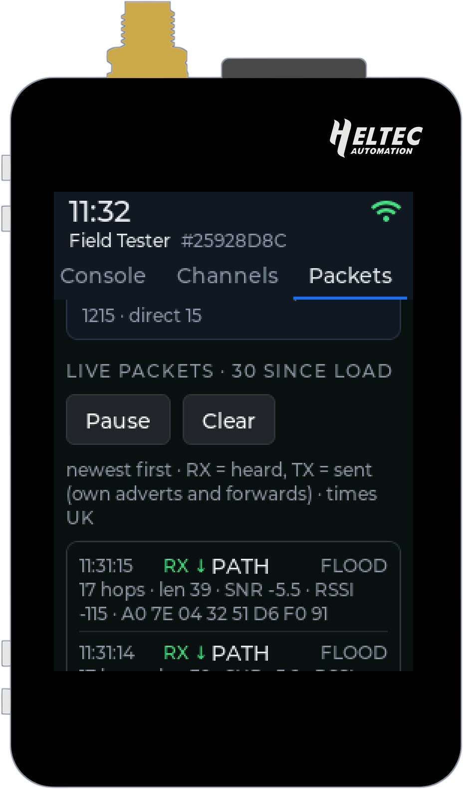 The live packet log: newest first, each packet with its time, direction, type, hops, length, SNR, RSSI and path