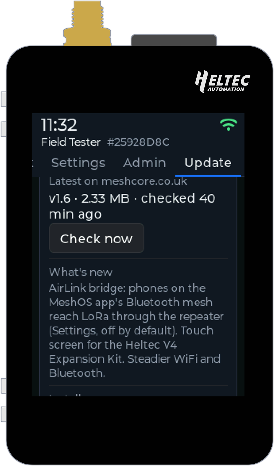 The Update tab: the latest version on meshcore.co.uk, a Check now button and what is new in the release