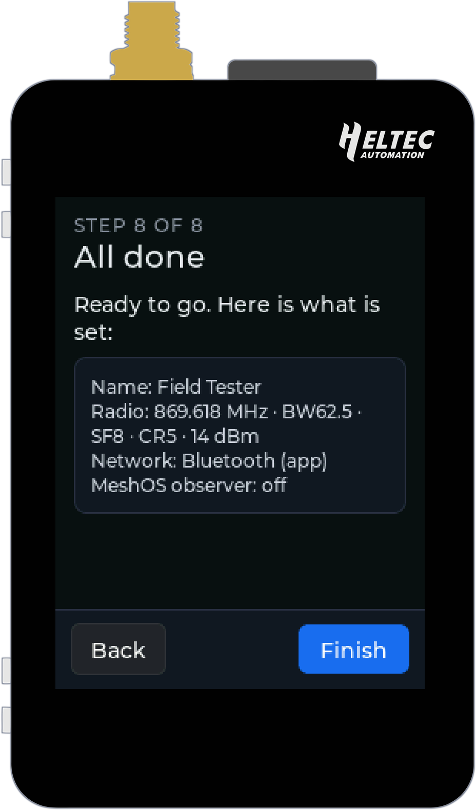 Setup wizard, step 8 of 8: All done, with a summary of the name, radio, network and observer settings