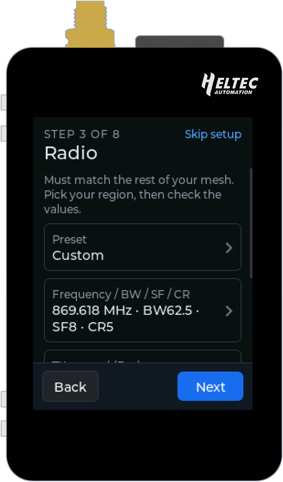 Setup wizard, step 3 of 8: Radio, with the preset and the frequency, bandwidth, spreading factor and coding rate