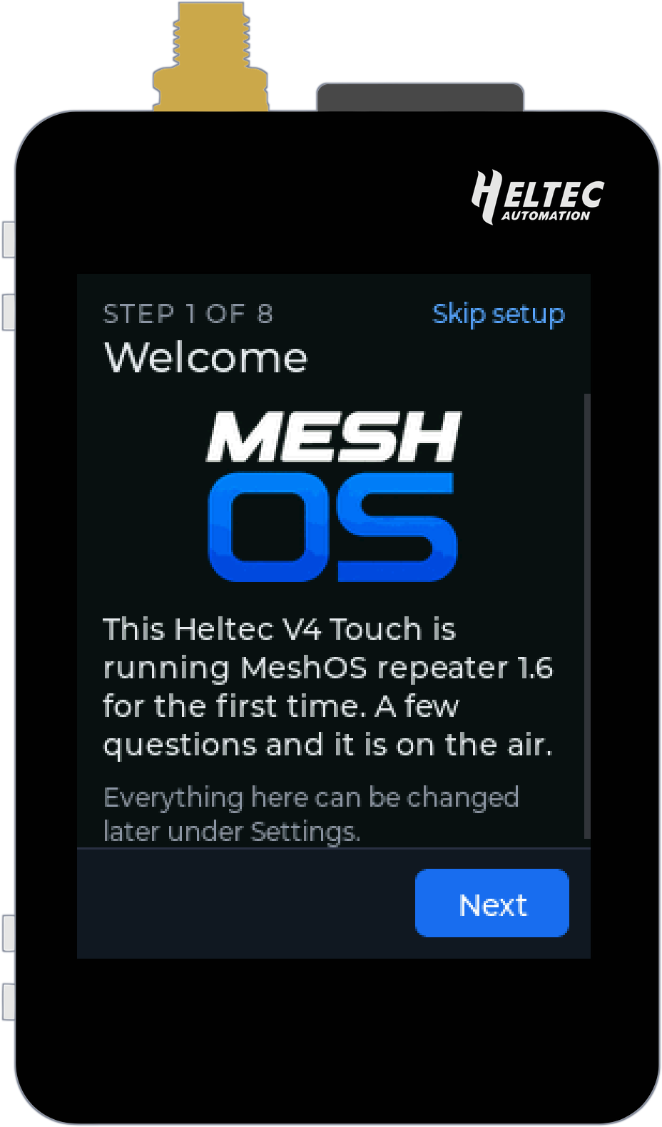 Setup wizard, step 1 of 8: Welcome, with the MeshOS logo